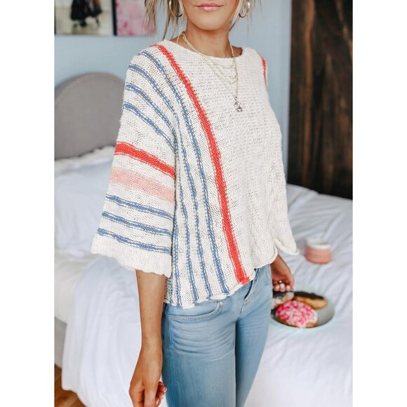 Women's 2024 Fall Casual Block Striped Comfy Cable Knit Trendy Pullover Sweaters - Picture 3 of 6